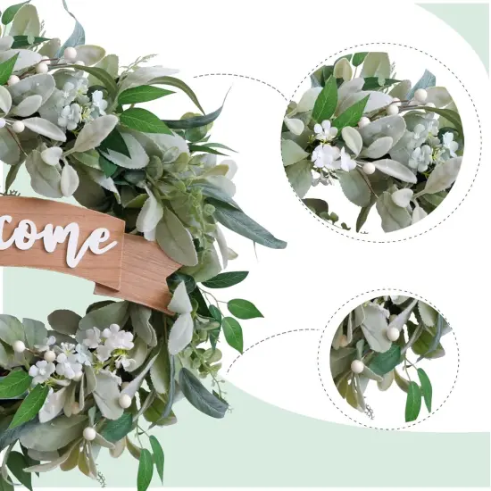 22 Inch Spring Everyday Lamb Ears Leaves Wreath with White Wild Flowers and Berries for Front Door, Welcome Wood Sign Green Leaves Wreath for Indoor Outdoor, Everyday Leaves Wreath {5}