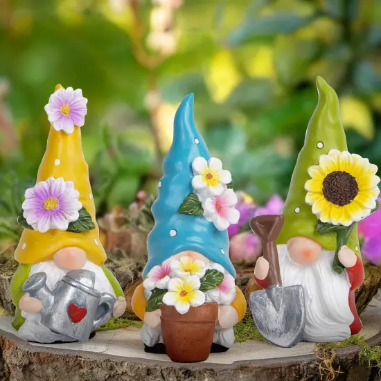 3 Pcs 3.5''H Spring Gnomes Garden Pointed Hat Flowers Gnome Decorations Handmade Tomte Elf Summer Resin Gnomes Figurines Spring Decorations for Home Table Decor Gifts {5}