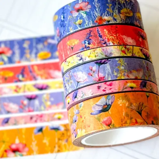 Summer Wildflowers Purple Coral Pink Yellow Periwinkle Washi Tape Set June 2025 - W134 {1}