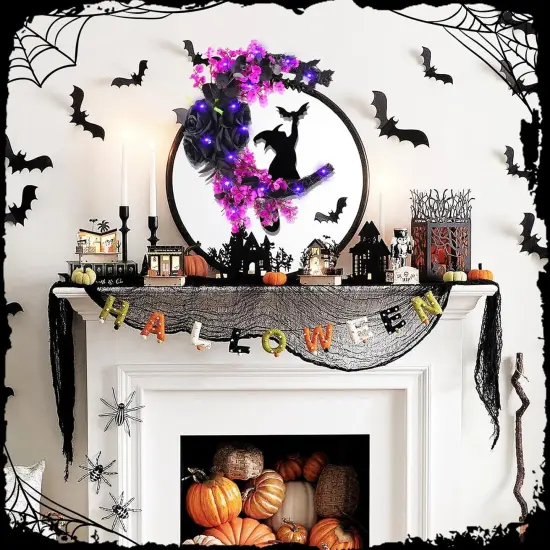 Halloween Wreaths Moon Black Cat Wreath for Front Door with Bat, Rose Flower, 14 Inch {5}