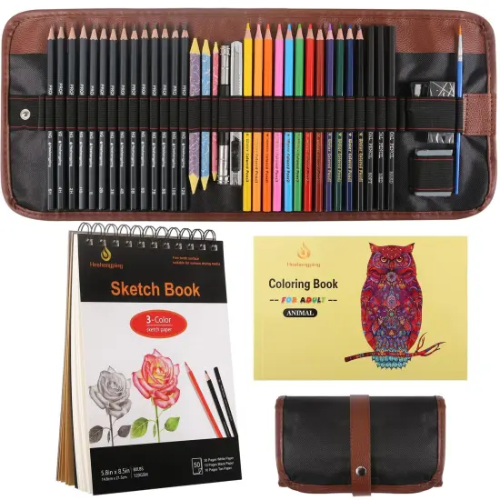 41pcs Sketching Pencil Set Drawing Sketch Kit Graphite Pencils Charcoal Pencils Watercolor Pencils Blending Stumps 50page sketchbook, coloring book, Beginners Artist Teens and Adults {1}