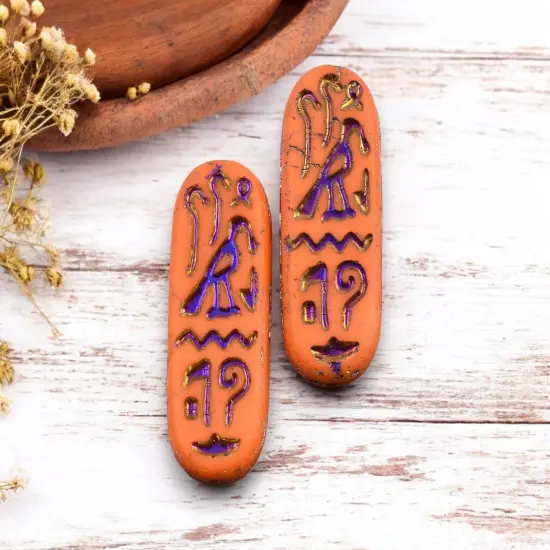 *6* 25x10mm Matte Opaque Orange Rainbow Metallic Egyptian Cartouche Oval Beads {2}