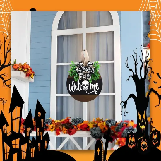 Front Door Hanging Spooky Skull Welcome Sign {3}