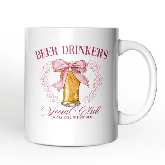 Beer Drinkers Social Club Mug, Coquette Pink Bow Gift for Girly Summer Bachelorette Vibes {1}
