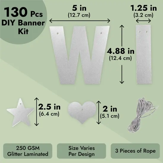 130-Piece DIY Silver Glitter Make Your Own Banner Kit with Letters, Numbers, Symbols, and String for Birthdays, Weddings, and Party Supplies Decor (5-Inch Letters) {5}