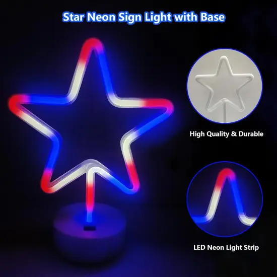 Summer Star Neon Lights &ndash; Red, White, and Blue LED Star Sign with Holder Base, USB or Battery Powered Table Light for Bedroom, Home Decor, and Summer Gatherings {2}