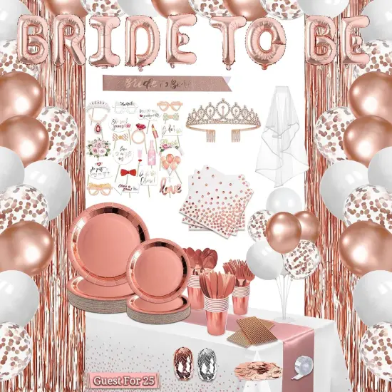 274 Pcs Rose Gold Bridal Shower Decorations, Bachelorette Party Decorations Favors - "BRIDE TO BE" Banner, Veil, Balloon, Photo Props, Tableware with Rose Gold for 25 Guests {1}