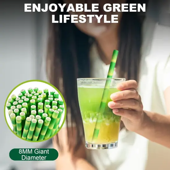 5.75" x 0.31" Green Bamboo Disposable Paper Drinking Straws for Short Drinks, Blended Cocktails, Margaritas, Smoothies, Milkshakes - Unwrapped {3}