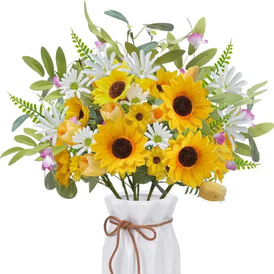 Summer Wildflower Picks &ndash; 8 Pcs Sunflower, Tulip & Daisy Artificial Flowers, 20.5" Yellow & White Silk Flowers for Home & Table Decor {1}