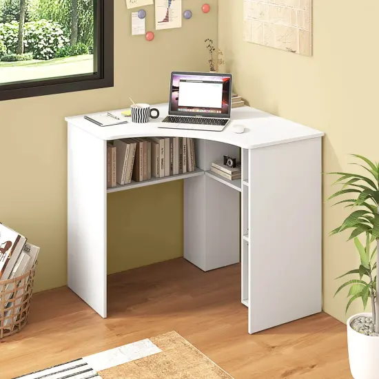Costway L-Shaped Computer Desk with Storage Shelves Adjustable Shelf for Home Office Natural/White {2}