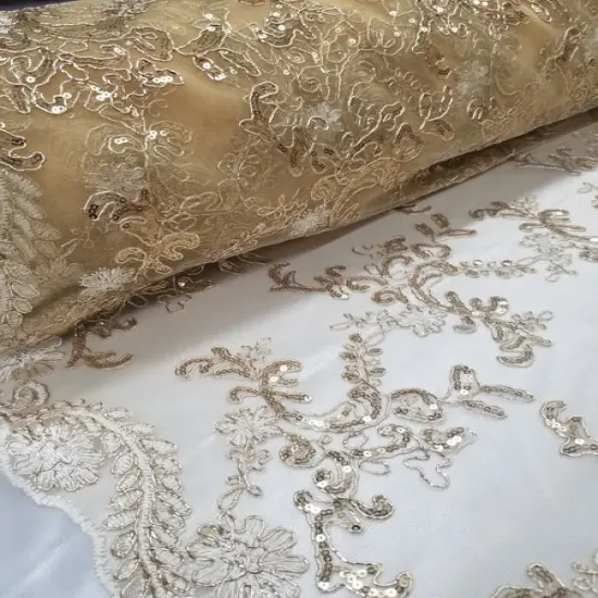 1 Yard Gold Metallic Flowers Sequins Mesh Lace Fabric for Tablecloths and Costumes {3}