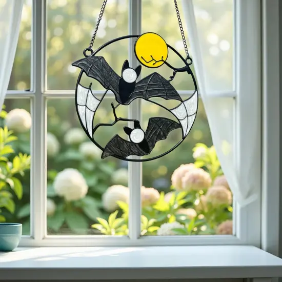 Stained Enamel and Metal Bat Moon Suncatcher Window Pane {4}