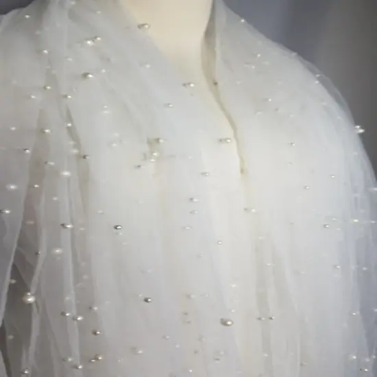 1 Yard White Pearl Mesh Lace Fabric Bridal Wedding Dress Sequin Beaded French Tulle 150 cm {5}