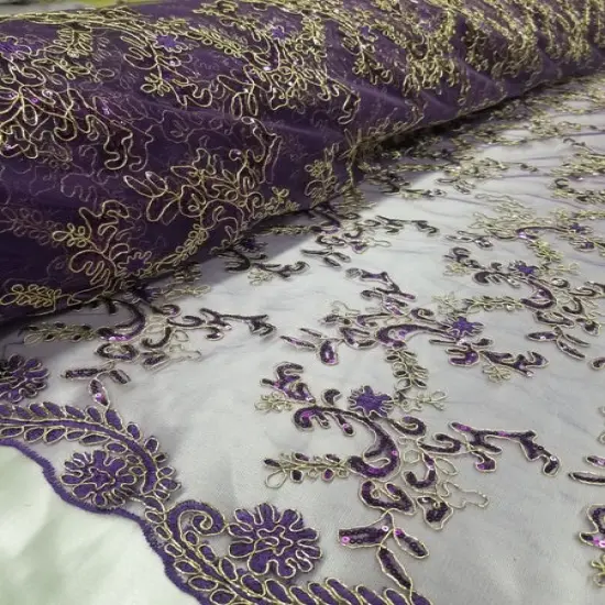 1 Yard Purple Metallic Flowers Sequins Mesh Lace Fabric for Tablecloths and Costumes Wide 54'' inch {3}