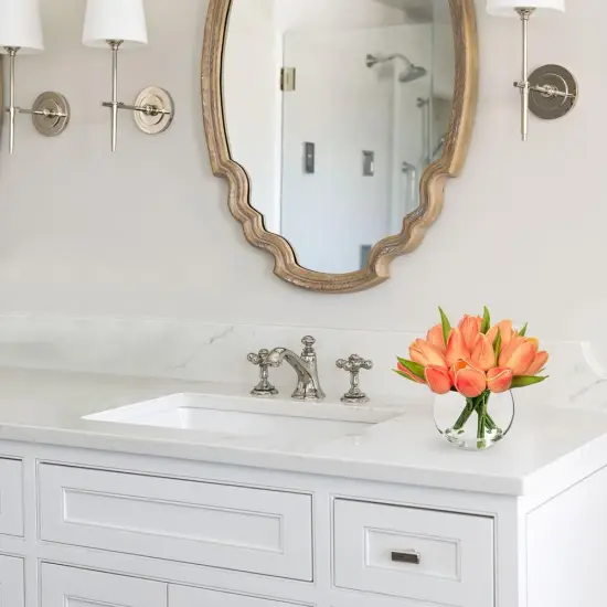 Artificial Peach Tulips in Vase with Faux Water 6" Real Touch Flowers Fake Tulips Small Flowers Arrangement in Round Glass Vase for Mother's Day Table Centerpiece Wedding Home Decor {4}