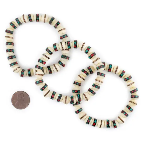 The Bead Chest Mala Stretch Bracelet, White - Stackable Nepal Bone Inlaid with Turquoise & Coral Colors, 100% Authentic and Genuine {2}