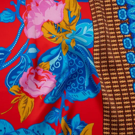 1 Yard Italian Silk Charmeuse Print Fabric Red Blue Gold Floral Abstract Stripes, 53 Inches Width {1}