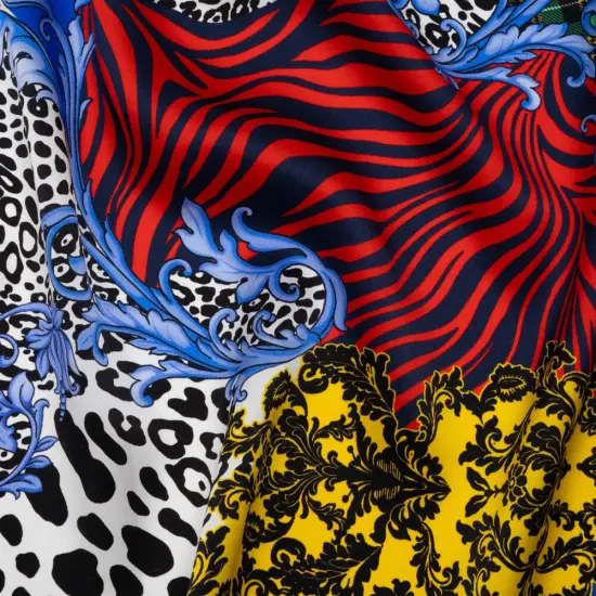 1 Yard Silk Charmeuse Patchwork Print Italian Made Red, Yellow, Blue & Greek Key, 53 Inches Width {1}