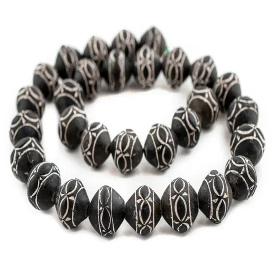The Bead Chest Tribal Design Bicone Black Mali Clay Beads 20mm African Black and White Large Hole 24 Inch Strand Handmade {3}