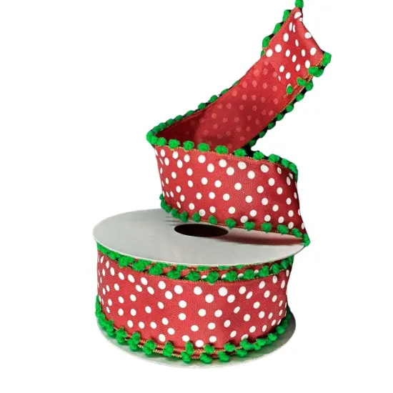 1.5" Linen Dots Pom Pom Ribbon: Red/Green (10 Yards) {2}