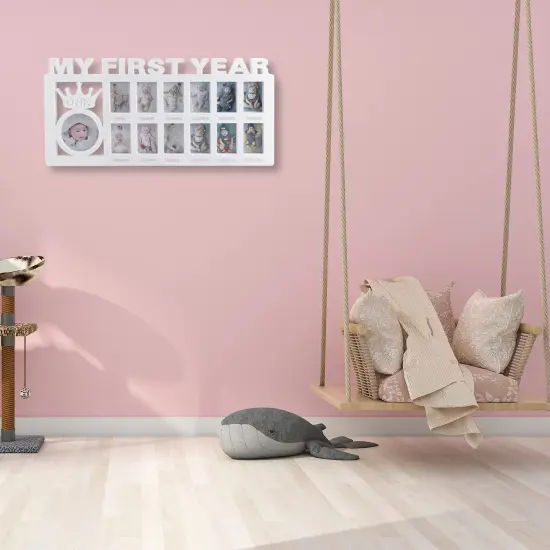 ESTAMICO Baby Picture Frames My Frist Year Photo Keepsake for Baby 1-12 Months Memory, White {4}