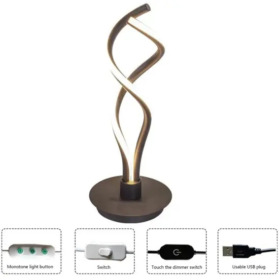 Modern LED Spiral Table Lamp Bedside Desk Decor For Bedroom Curved Light Black {3}