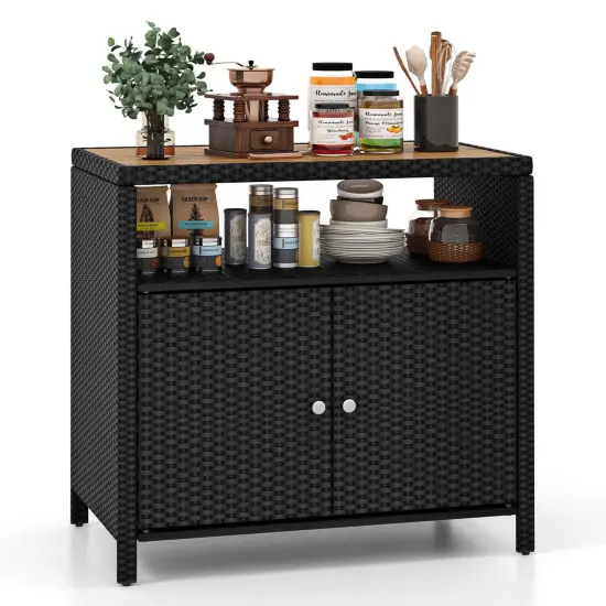 Costway Patio Rattan Storage Cabinet with Acacia Wood Countertop Open Shelf 2 Door Cabinet Black/Mix Brown {1}
