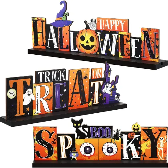 3 PCS Halloween Table Decorations Pumpkin Table Centerpiece Boo Spooky Wood Sign Trick or Treat Witch Hat Table Decor for Halloween Table Party Living Room Kitchen Office Bar Decorations {2}