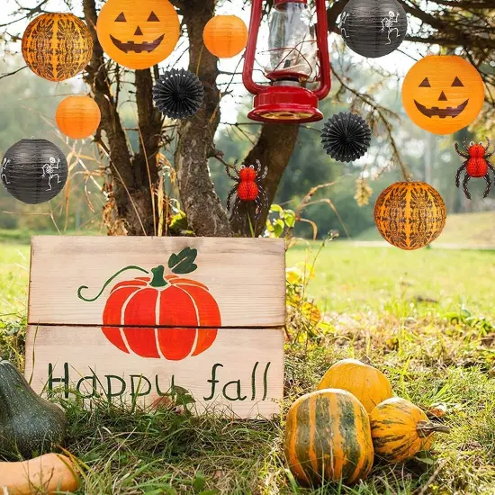 12 Pieces Halloween Hanging Decorations Paper Lanterns, Jack-O'-Lantern Spider Skeleton Pumpkin for Indoor & Outdoor Spooky Home Decor, Party Supplies Props, 12" & 8" (Orange, Black) {6}