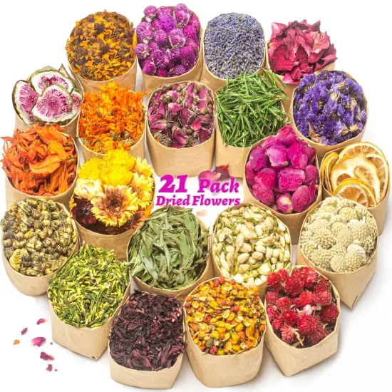 Dried Flowers, 21 Bags 100% Natural Dried Flowers Herbs Kit for Soap Making, DIY Candle, Bath, Resin Jewelry Making - Include Lavender, Don't Forget Me, Lily, Rose Petals, Jasmine and More {2}