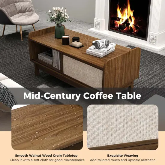 Costway Rectangular Coffee Table with Storage Weaving Sliding Door & Adjustable Shelf {6}