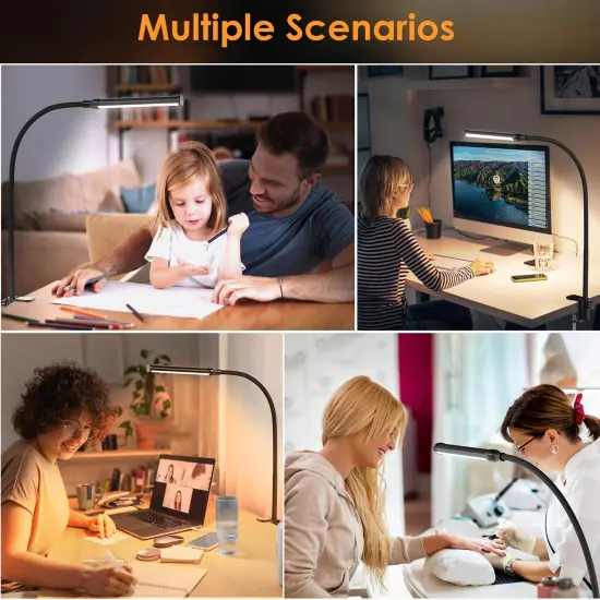 LED Desk lamp with Clamp, Eye-Caring Clip Lights for Home Office, 3 Colors Full Brightness, Flexible Gooseneck USB Adapter Table Lamp, Black {5}