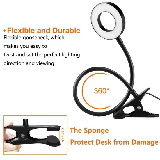 Clip on Light Reading Lights, 48 LED USB Desk Lamp with 3 Color Modes 10 Brightness, Eye Protection Book Clamp Light, 360 &deg; Flexible Gooseneck Clamp Lamp for Desk Headboard Video Conferencing {3}