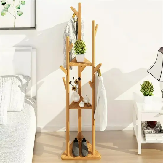 Large Bamboo Wood Clothes Tree Coat Hat Rack Corner Stand w 3 Tier Storage Shelf {3}