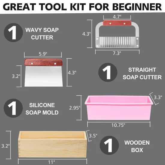 Rectangular Soap Mold Kit with Cutter- 42oz Flexible Silicone Loaf Soap Mold with Wood Box, Stainless Steel Wavy & Straight Scraper for Homemade Craft Soap Making Supplies {3}