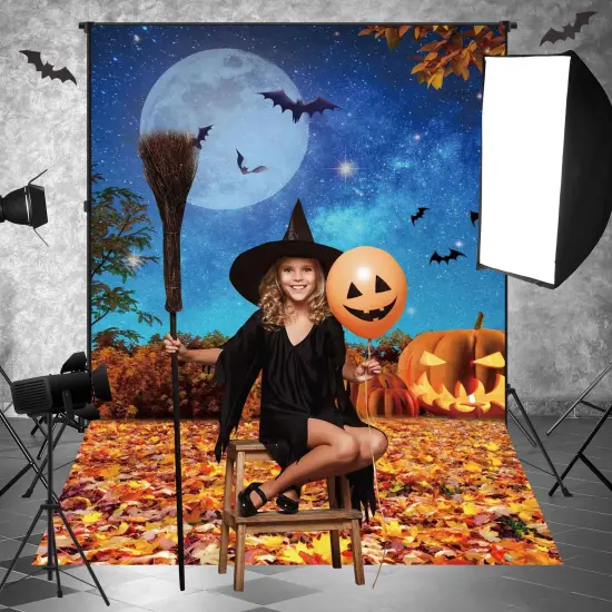 5x7ft Polyester Halloween Backdrop Moonlight Pumpkin Fallen Leaves Photography Background for Birthday Baby Shower Trick or Treat Party Decoration Banner Photo Studio Props {4}