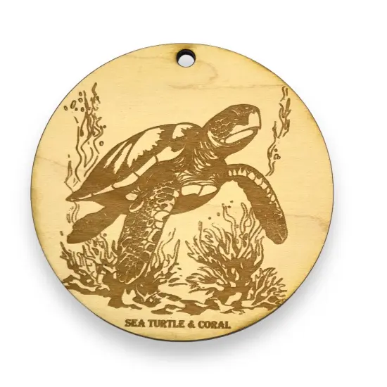 Ornament - Sea Turtle and Coral Raw Wood {1}