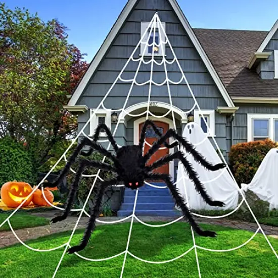 200 inc Halloween Decorations Outdoor 200'' Triangular Spider Web + 47'' Giant Fake Spiders, Halloween Decor Indoor Clearance for Home Outside Yard Costumes Party Haunted House Garden Lawn {2}