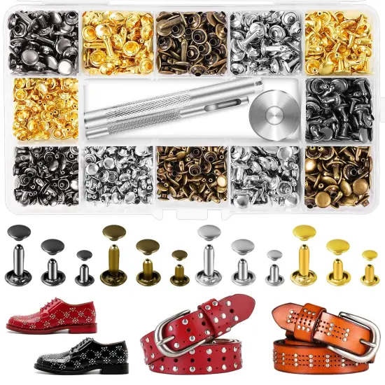 420 Set Leather Rivets Kit, Double Cap Brass Rivets Leather Studs with 3PCS Setting Tools for Leather Repair and Crafts, 4 Colors and 3 Sizes {2}