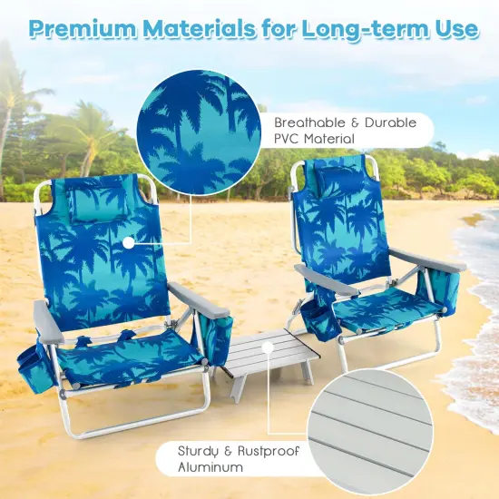 Costway 2-Pack Folding Backpack Beach Chair Table Set 5-Position Outdoor Reclining Chair Blue/Navy/Pink/Pattern/Flower/Yellow {4}