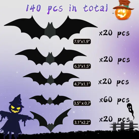 Halloween Party Supplies Hallween Decorations Bats Wall Decor 140PCS Realistic PVC 3D Black Scary Bat Sticker for Creepy Home Decor Halloween Party Decorations DIY Wall Decal Bathroom Indoor Halloween {5}