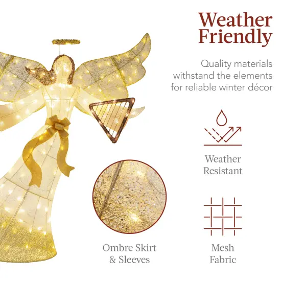 Best Choice Products 5ft Lighted Outdoor Angel Christmas Decoration for Lawn w/ 140 LED Lights, Harp, Bow, Ground Stakes Gold {6}