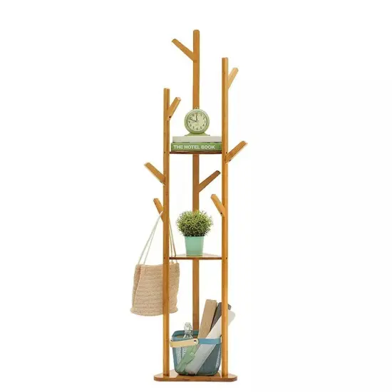 Large Bamboo Wood Clothes Tree Coat Hat Rack Corner Stand w 3 Tier Storage Shelf {2}