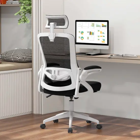 Costway Ergonomic Office Chair with Adjustable Lumbar Support Rocking Backrest Armrests Black/White {4}