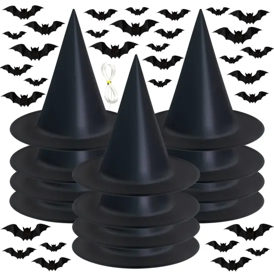Witch hat 12 Pack Halloween Witch Hats with 108 Feet Hanging Rope 32Pcs 3D Bats, Hanging Witch Hats Halloween Decor Witches Costume Accessory for Halloween Party Favor {3}