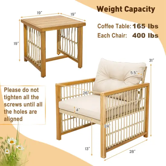 Costway 3PCS Patio PE Wicker Conversation Set Acacia Wood Frame withSeat & Back Cushions {3}