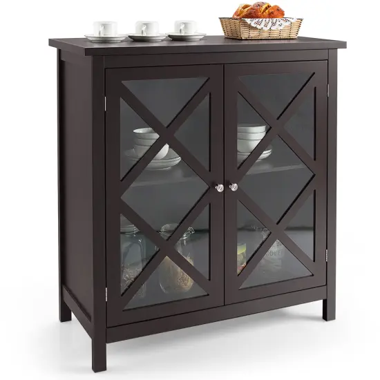 Costway Kitchen Buffet Sideboard Storage Cabinet w/Glass Doors & Adjustable Shelf White\Brown {7}