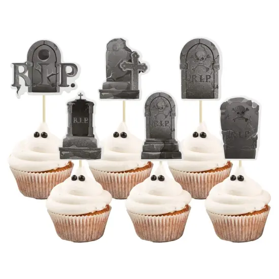 36 Pieces Halloween Cupcake Toppers 6 Designs Tombstone Graveyard Cake Toppers Scary Cupcake Decoration Table Centerpiece Sticks Appetizer Picks for Halloween Party Supplies {2}