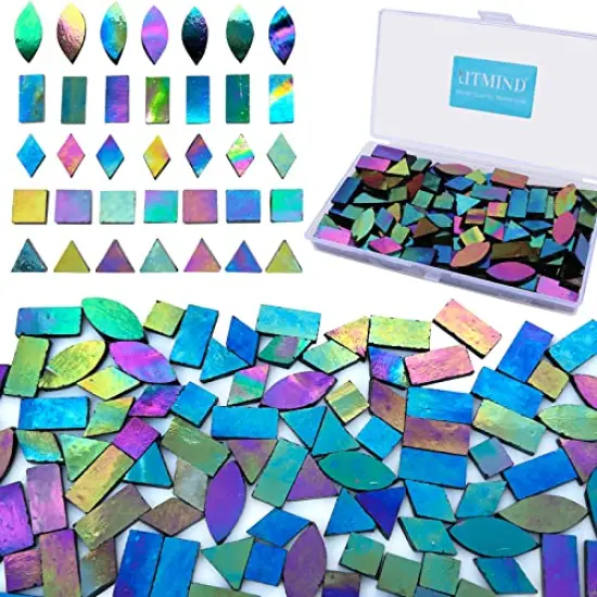 LITMIND Iridescent Glass Mosaic Tiles for Crafts, 240 Pieces 5 Shapes Mixed Stained Glass Sheets, Mosaic Kits for Adults (Iridescent Black) {1}