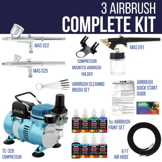 Cool Runner II Dual Fan Air Compressor Airbrushing System Kit with 3 Airbrushes, 6 Primary Opaque Colors Acrylic Paint Artist Set - How To Guide {2}
